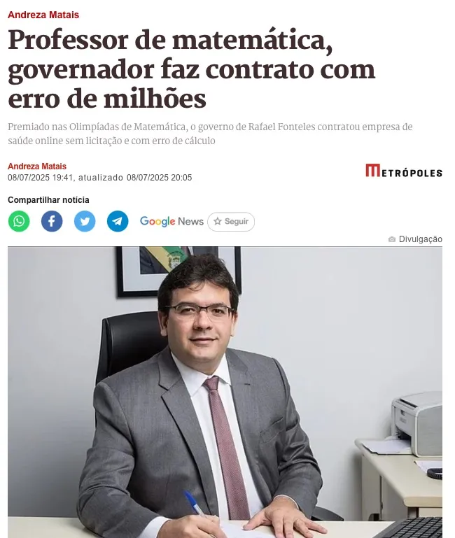 Site Metrópoles destaca governador do Piauí em contrato milionário