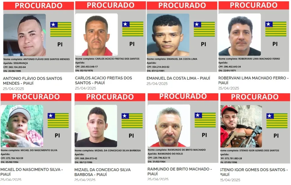 Oito foragidos do Piauí entram na lista nacional dos criminosos mais procurados do país